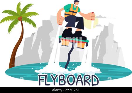 Flyboard Vektor-Illustration, die Menschen zeigt, die während des Sommer Strandurlaubs in einem flachen Stil Extreme Wassersport Cartoon Hintergrund reiten Stock Vektor