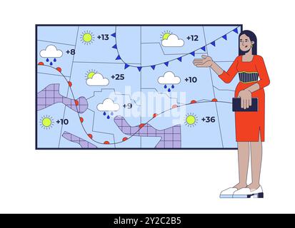 Wettermoderatorin Frau, die Niederschläge vorhersagt, Temperatur 2D-Zeichentrickfigur Stock Vektor