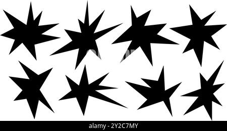 Unregelmäßige Sternformen. Setzen Sie trendige schwarze Ausschnittpapierelemente. Handgezeichnete Chevron-Formen. Funky groovige Funken einfache Formen isoliert auf weiß Stock Vektor