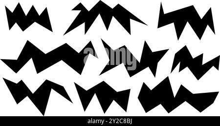Unregelmäßige, von Hand gezogene, spitzen Chevron-Formen. Setzen Sie trendige schwarze Ausschnittpapierelemente. Sterne Formen. Funky groovige Funken einfache Formen isoliert auf weiß Stock Vektor