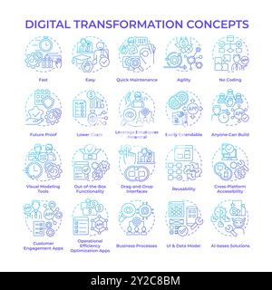 Symbole für das blaue Gradientenkonzept der digitalen Transformation Stock Vektor