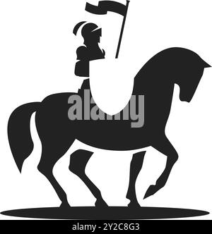 Silhouette eines Ritters, der auf einem Pferd reitet, mit Schild und Banner. Vektorentwurzelement. Stock Vektor