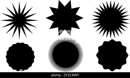 Geometrieformen im Zickzack- und Wellenformat. Kreiselemente mit Kurvenkante. Zick-Zack-Formen für Aufkleber, Abzeichen, Etiketten, Dekoration von Plakaten, Verkauf Stock Vektor