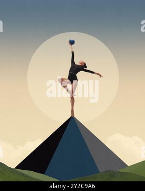 Weibliche Turnerin, die anmutig auf der Pyramide balanciert und den Ball in Richtung Himmel hält. Abstrakter minimalistischer Hintergrund. Zeitgenössische Kunstcollage. Stockfoto