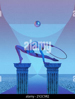 Eine rhythmische Turnerin spielt anmutig zwischen zwei alten Säulen und verbindet elegante Bewegungen mit surrealer Architektur. Zeitgenössische Kunstcollage. Stockfoto
