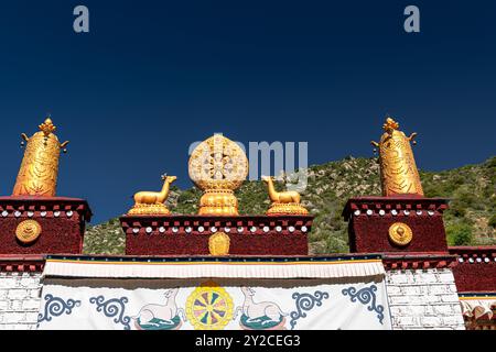 Goldenes Rad des Dharma und Hirschskulpturen auf dem Dach des heiligen Tempels, Tibet, China, Asien Stockfoto