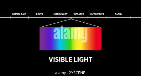 Frequenzen, Bereich des sichtbaren Lichts des elektromagnetischen Spektrums, sichtbar für das menschliche Auge, elektromagnetische Strahlung, niedrig, hoch, Radiowellen, Mikrowelle Stock Vektor