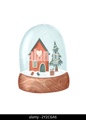 Weihnachtskreidekomposition mit handgemalten saisonalen Artikeln - Baum, Haus, Vogel, Geschenk in der Schneekugel. Perfekt für Grußkarten, Poster und Ausdrucke. Winterillustration isoliert auf weißem Hintergrund Stockfoto