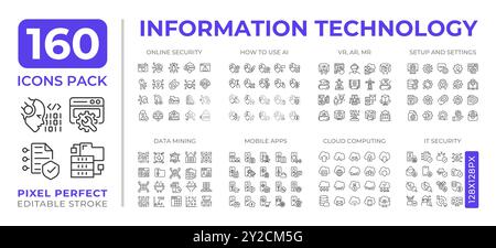 Sammlung der Zeilensymbole in der Informationstechnologie Stock Vektor