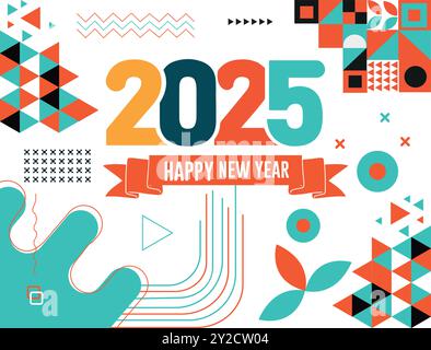 Happy New Year 2025 Textdesign mit moderner Kalligrafie und dunklem Hintergrund. Schriftzusammensetzung der Neujahrsvektorabbildung Stock Vektor