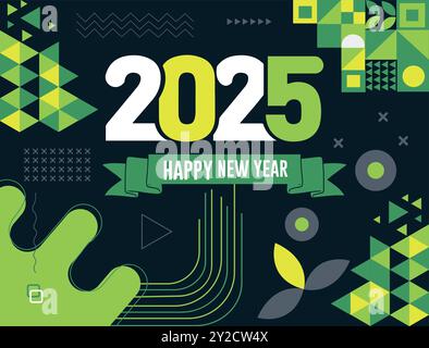 Happy New Year 2025 Textdesign mit moderner Kalligrafie und dunklem Hintergrund. Schriftzusammensetzung der Neujahrsvektorabbildung Stock Vektor