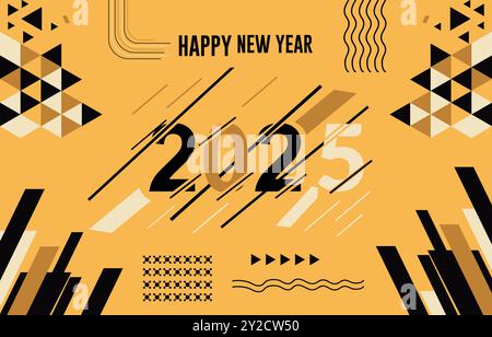 Happy New Year 2025 Textdesign mit moderner Kalligrafie und dunklem Hintergrund. Schriftzusammensetzung der Neujahrsvektorabbildung Stock Vektor