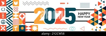 Happy New Year 2025 Textdesign mit moderner Kalligrafie und dunklem Hintergrund. Schriftzusammensetzung der Neujahrsvektorabbildung Stock Vektor