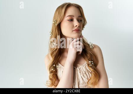 Eine schöne junge Frau posiert zart, mit Blumen im Haar geschmückt. Stockfoto