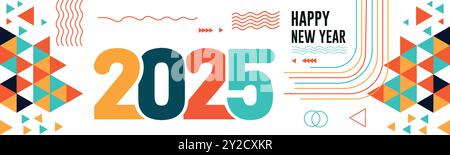 Happy New Year 2025 Textdesign mit moderner Kalligrafie und dunklem Hintergrund. Schriftzusammensetzung der Neujahrsvektorabbildung Stock Vektor