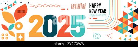 Happy New Year 2025 Textdesign mit moderner Kalligrafie und dunklem Hintergrund. Schriftzusammensetzung der Neujahrsvektorabbildung Stock Vektor