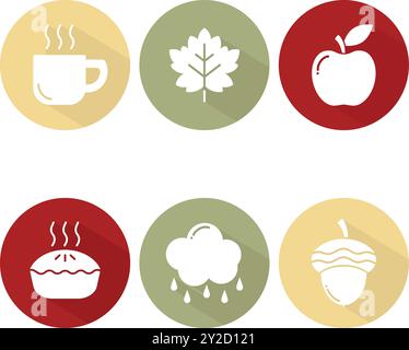 Flatdesign-Symbole der Herbstsaison. Runde und farbige Symbole mit langem Schatten. Symbole legen die Vektorabbildung fest. Stock Vektor