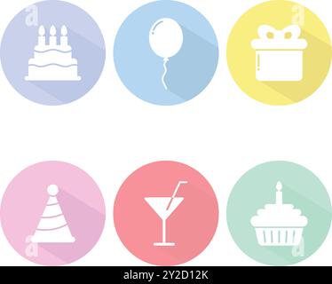 Flache Geburtstagssymbole. Runde und farbige Symbole mit langem Schatten. Symbole legen die Vektorabbildung fest. Stock Vektor