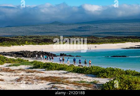 Touristen wandern am Sandstrand, San Cristobal Island, Galapagos Stockfoto