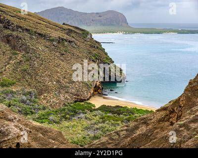 Blick auf die Sandstrand Bucht von oben auf San Cristobal Island, Galapagos Stockfoto