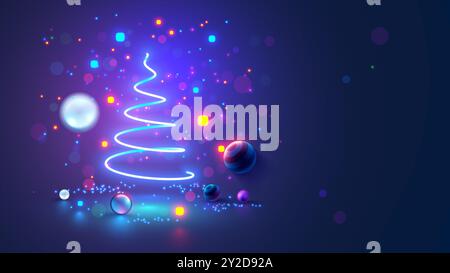 Weihnachtsbaum auf Weihnachtsposter im elektronischen Technikstil. Neujahr, frohe weihnachten Glückwunschkarte im Computerdesign. Vorlage Ch Stock Vektor