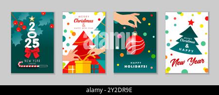 Happy New Year 2025 und Weihnachten, Poster oder Grußkarten. Modernes Weihnachtsvektordesign mit Typografie, bunter Weihnachtsbaum und Zuckerrohr Stock Vektor