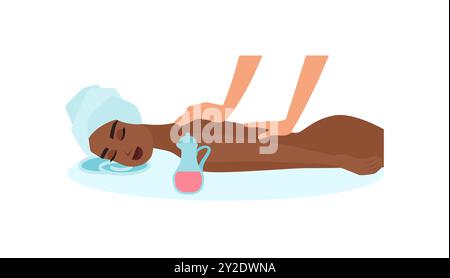 Vektor-Illustration einer Frau, die eine Aromatherapie-Massage erhält, symbolisiert Entspannung und Wohlbefinden. Stock Vektor