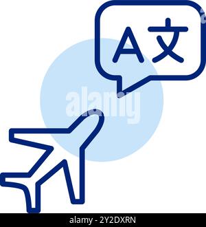 Fliegendes Flugzeug und Sprechblase mit lateinischem Buchstaben und chinesischem Schriftzeichen. Austauschprogramme für Fremdsprachen. Globale Zusammenarbeit Stock Vektor