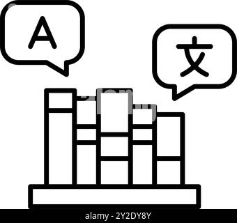 Bücher im Regal und Sprechblasen mit lateinischem Buchstaben und chinesischem Schriftzug. Fremdsprachenlernen, Übersetzungen und Wörterbücher. Pixel perfekt, Ed Stock Vektor
