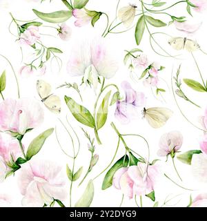 Nahtloses Muster von Aquarellblumen duftender Erbsen und Schmetterlinge. Die Abbildung ist handgezeichnet in Pastellfarben. Geeignet für Kartendesigns, Textilien und Scrapbooking Stockfoto