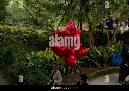 Ein leuchtender Haufen roter, herzförmiger Ballons verleiht dem grünen Laub der Quinta da Regaleira einen Farbakzent Stockfoto