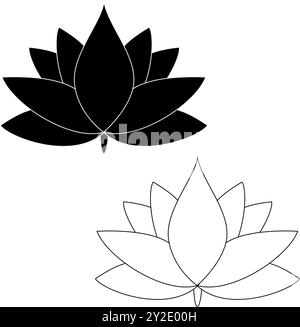 Wasserlilie Lotus-Symbol. Vektor Yoga Lotus Symbol, Blume des Wohlbefindens und des gesunden Lebensstils, elegante Blüte. Bearbeitbare Kontur, dünner Liniensatz. Natürlich Stock Vektor