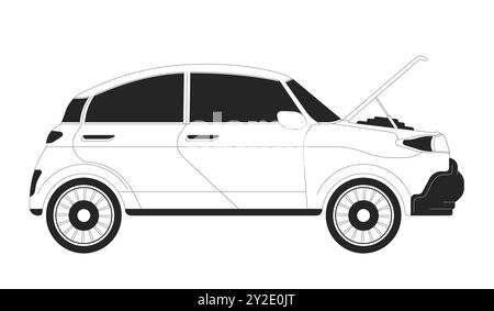 Auto mit offener Motorhaube, schwarz-weiß, 2D-Zeichentrickobjekt Stock Vektor