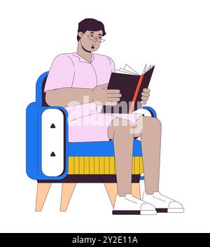 Adipöser Mann aus dem Nahen Osten, der lineare 2D-Zeichentrickfiguren liest Stock Vektor