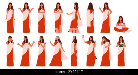 Indische Frau mit verschiedenen Stellungen und Gesten. Weibliche Figur in traditionellem Saree stehend und zeigend, schöne Dame sitzend und gehend, posiert für Selfie Cartoon Vektor Illustration Stock Vektor