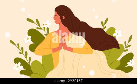 Indische junge Frau in traditionellem Saree mit Blumen und grünen Blättern. Niedliches Porträt des glücklichen Mädchens mit langen Haaren, gefalteten Händen in Namaste, Schönheit der Dame und Natur Cartoon Vektor Illustration Stock Vektor