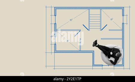 Mann, der auf einem Sitzsackstuhl sitzt und das Layout des Gebäudes vor beigefarbenem Hintergrund überprüft. Planung und Komfort. Zeitgenössische Kunstcollage. Stockfoto
