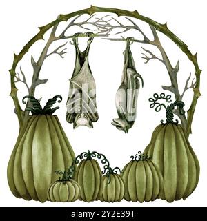 Grüne Komposition für Halloween mit Dornzweigen, großen Kürbissen, Schlaflöcken. Vorlage für einfarbige Aquarelle für Einladungen, Menü Stockfoto
