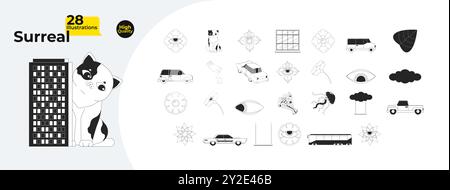 Surreale Boho-Zeichentrickobjekte in Schwarz und weiß in 2D-Linien bündeln sich Stock Vektor