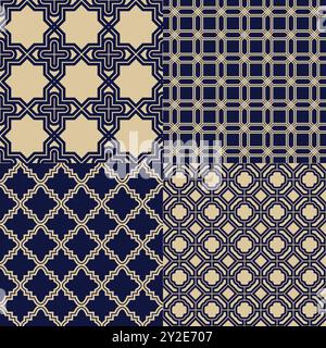 Festlegen von monochromen geometrischen Mustern. Goldene und blaue Kühlergrillstruktur in arabischem, orientalischem Stil. Ein nahtloser Vektorhintergrund. Stock Vektor