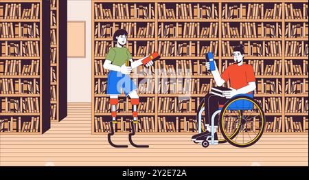 Behinderte Freunde gehen zur Bibliothek Cartoon flache Illustration Stock Vektor