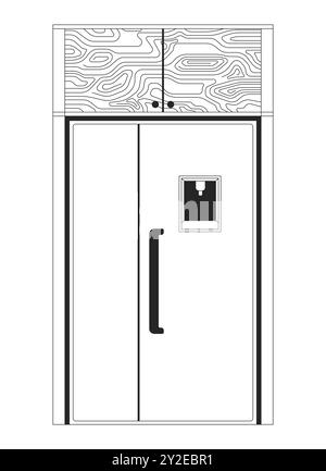 Haushaltskühlschrank mit Schränken, schwarz-weiß, 2D-Zeilenzeichnungsobjekt Stock Vektor