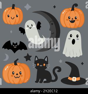 Set von Vektor-Illustrationen für den gruseligen Halloween-Feiertag. Süße orange Kürbisse, weiße Geister, Fledermaus und schwarze Katze mit Hut. Zur Dekoration. Stock Vektor