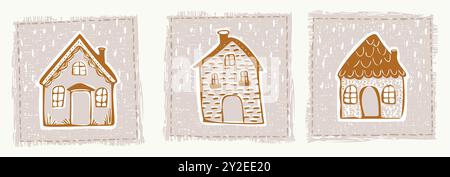 Skurrile verschneite Hüttentür mit festlichem Weihnachtsmotiv im dezember. Winterurlaub in sozialen Medien. Niedlich, handgezeichnet festlich Stock Vektor