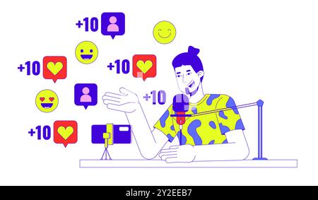 Viraler Podcaster, der in Mikrofon spricht, lineares 2D-Illustrationskonzept Stock Vektor