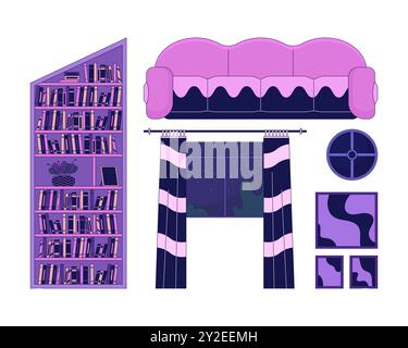 Haus lofi Innendesign 2D lineare Zeichentrickobjekte Set Stock Vektor