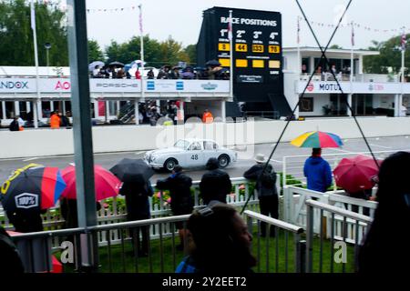 Ein Rennwagen-Jaguar trotzt dem Regen beim Goodwood Revival 2024. Stockfoto