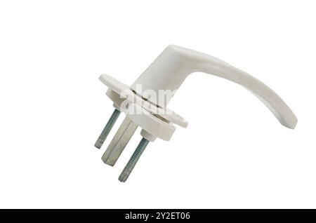 Nahaufnahme eines weißen Griffs, Teil eines Verriegelungsmechanismus für eine Tür oder ein Fenster. Stockfoto
