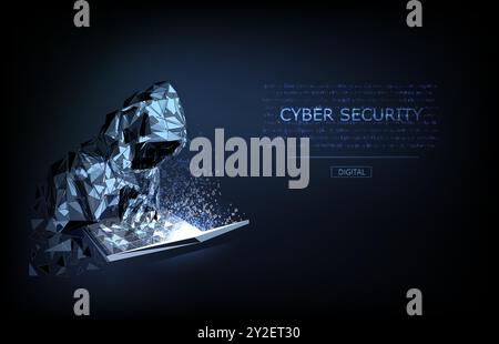 Abstrakter digitaler Hacker. Cybersicherheitskonzept. Ein Mann, der einen Hoodie trägt, mit einem versteckten Gesicht vor einem Computer. Cyberangriffe und Datenhack. Betrug Stock Vektor