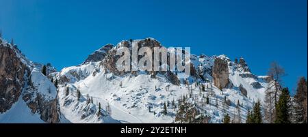 Weites Winterpanorama der Dolomiten im Skigebiet Arabba in Italien mit wunderschönen Felsen, Schnee und Skifahrern auf der Skipiste von Porta Vescovo nach Arabba. Blau Stockfoto